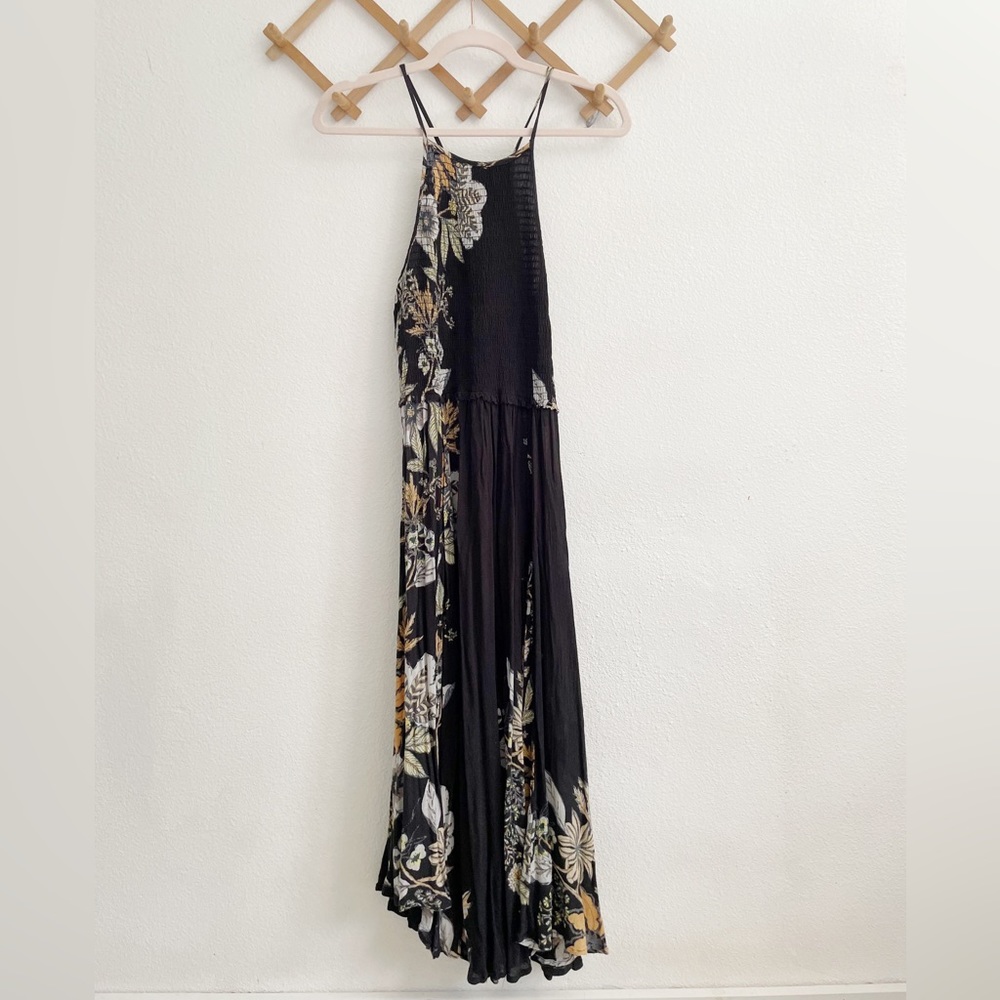 Free People Off-Black Floral Smocked Sleeveless Midi